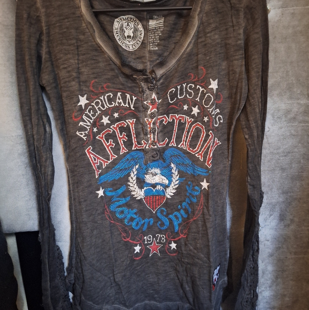 Affliction American Customs Dsrk Grey Button Down Top